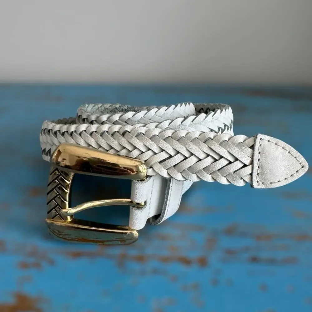 CHIC Vintage 90's White Braded Leather Belt Gold Buckle Womens Medium